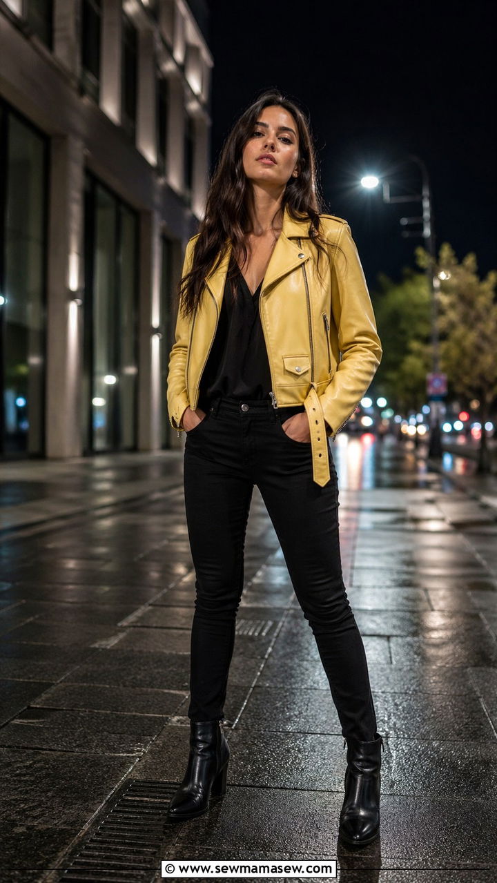 Butter Yellow Leather Jacket With Black Slim Jeans - 40 All butter yellow outfit ideas