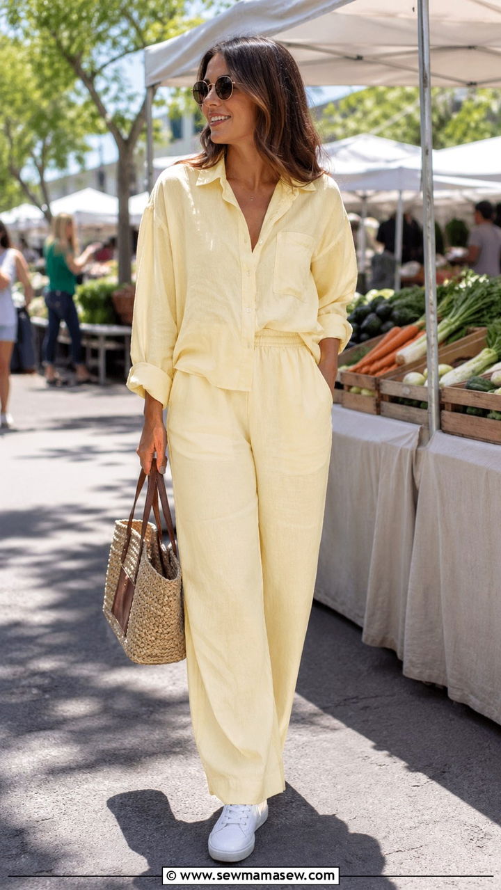 Butter Yellow Linen Co ord Set With White Sneakers - 40 All butter yellow outfit ideas