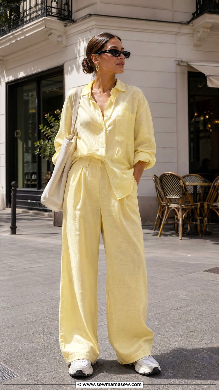 Butter Yellow Linen Matching Set with White Sneakers - 35 Summer outfits for young women