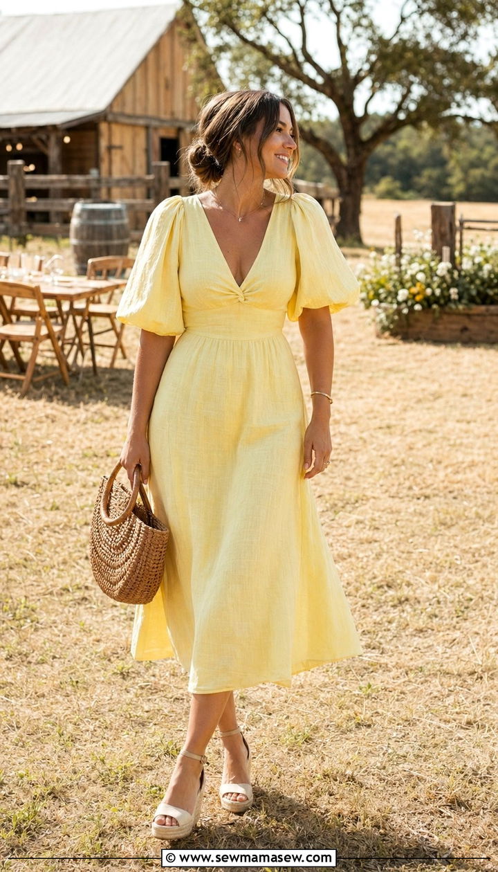 Butter Yellow Linen Midi Dress Wedding Guest Outfit - 35 Pastel wedding guest outfits