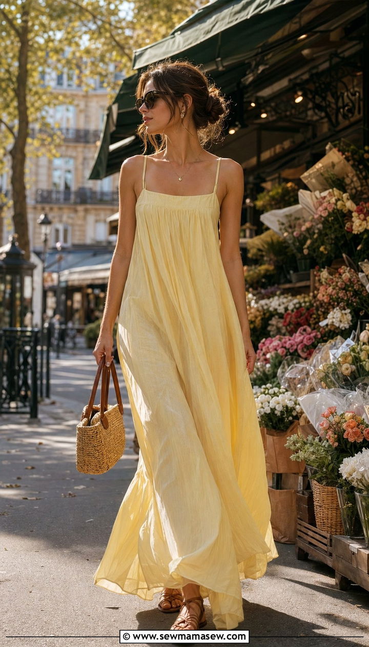 Butter Yellow Maxi Dress With Flat Leather Sandals - 35 Parisian outfits 2026