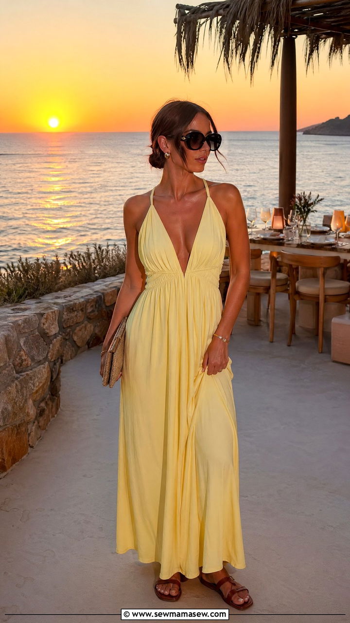 Butter Yellow Maxi Dress With Flat Sandals - 35 summer butter yellow outfit ideas