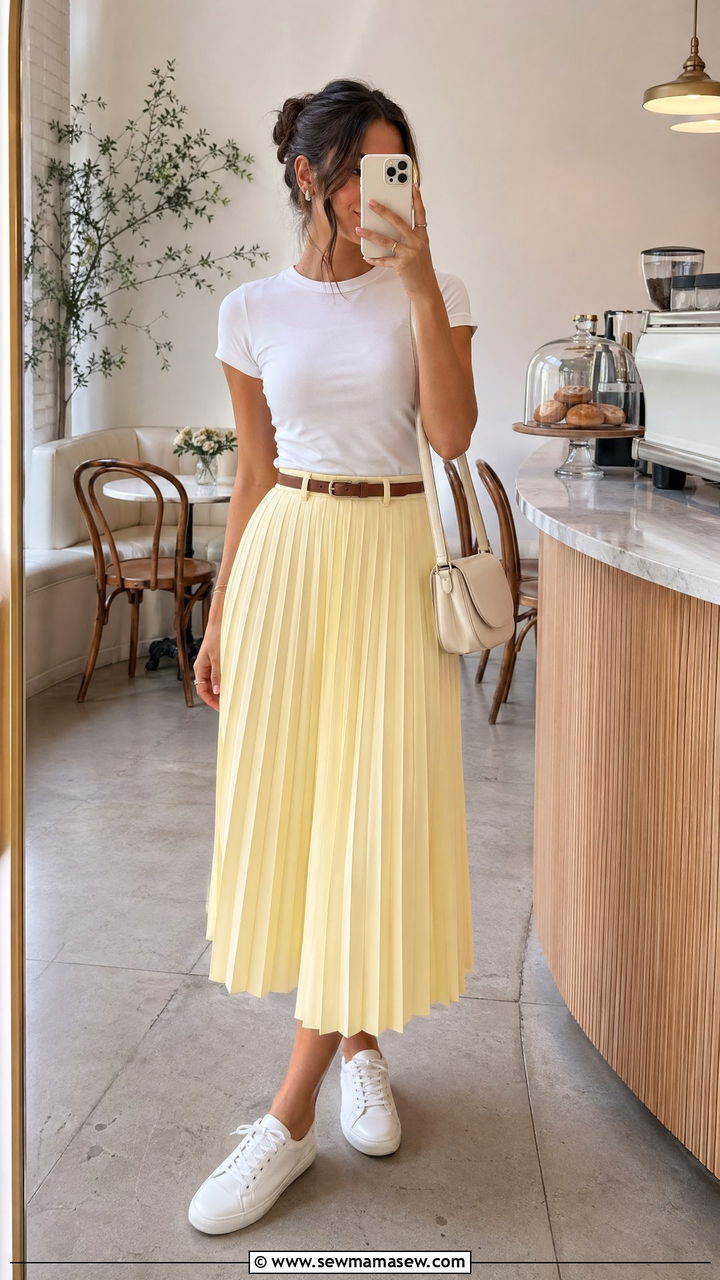 Butter Yellow Pleated Midi Skirt with Fitted White Tee - 35 Spring butter yellow outfit ideas