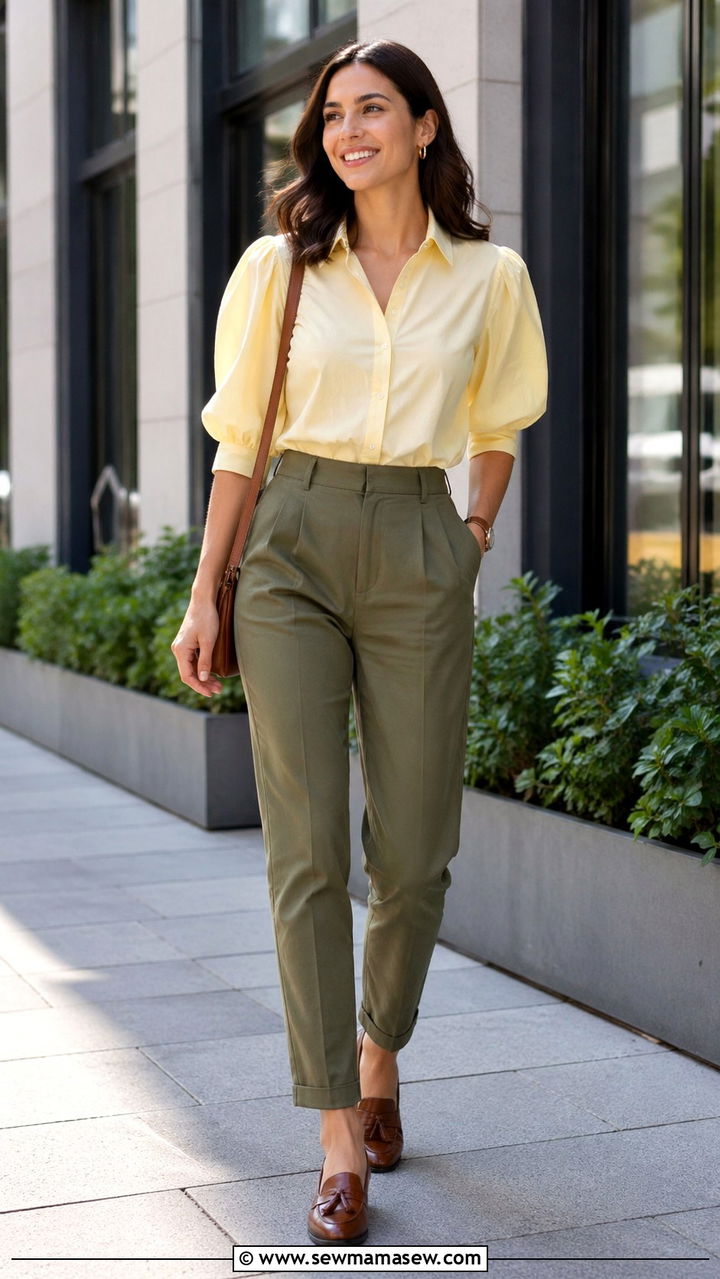 Butter Yellow Poplin Blouse With Olive Trousers - 40 All butter yellow outfit ideas