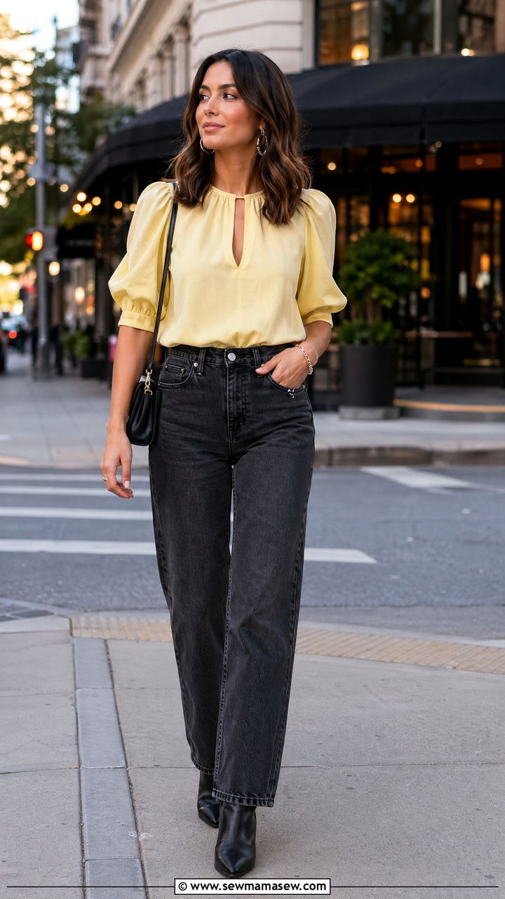Butter Yellow Puff Sleeve Blouse with Faded Black Jeans - 35 Spring butter yellow outfit ideas