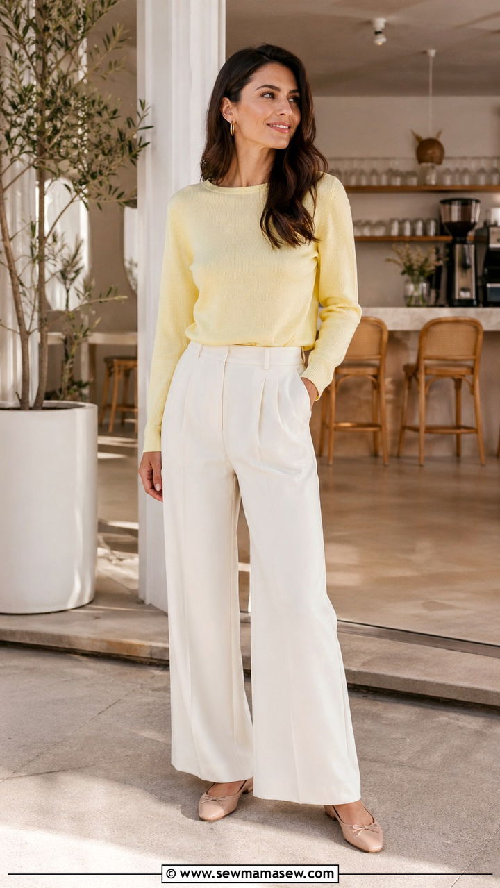 Butter Yellow Sweater With Cream Trousers - 30 Spring clean girl outfits 2026
