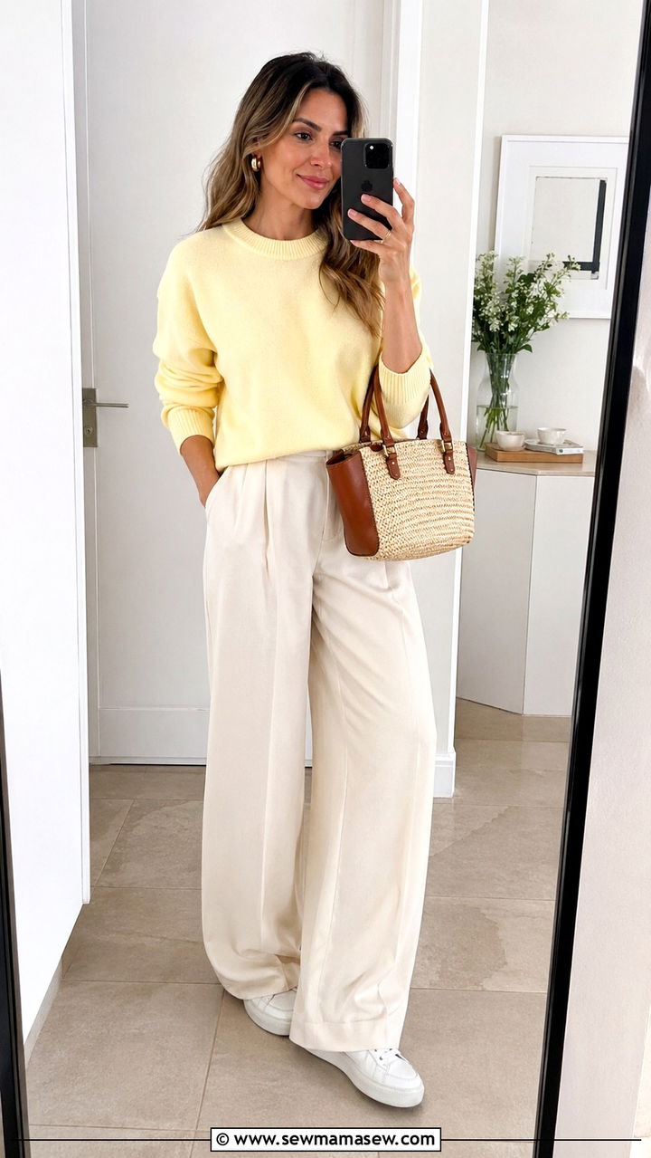 Butter Yellow Sweater with Cream Trousers - 30 spring light sweater outfit ideas