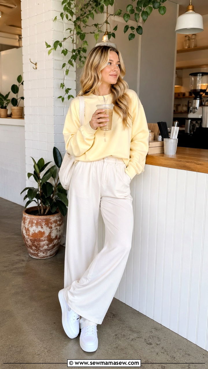 Butter Yellow Sweatshirt With Cream Wide Leg Pants - 40 All butter yellow outfit ideas