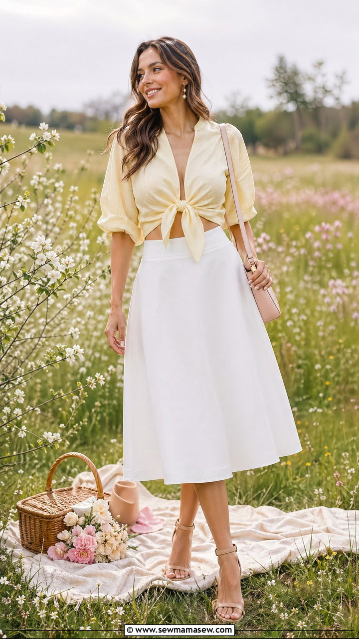 Butter Yellow Tie Front Top with White Midi Skirt - 35 Spring butter yellow outfit ideas