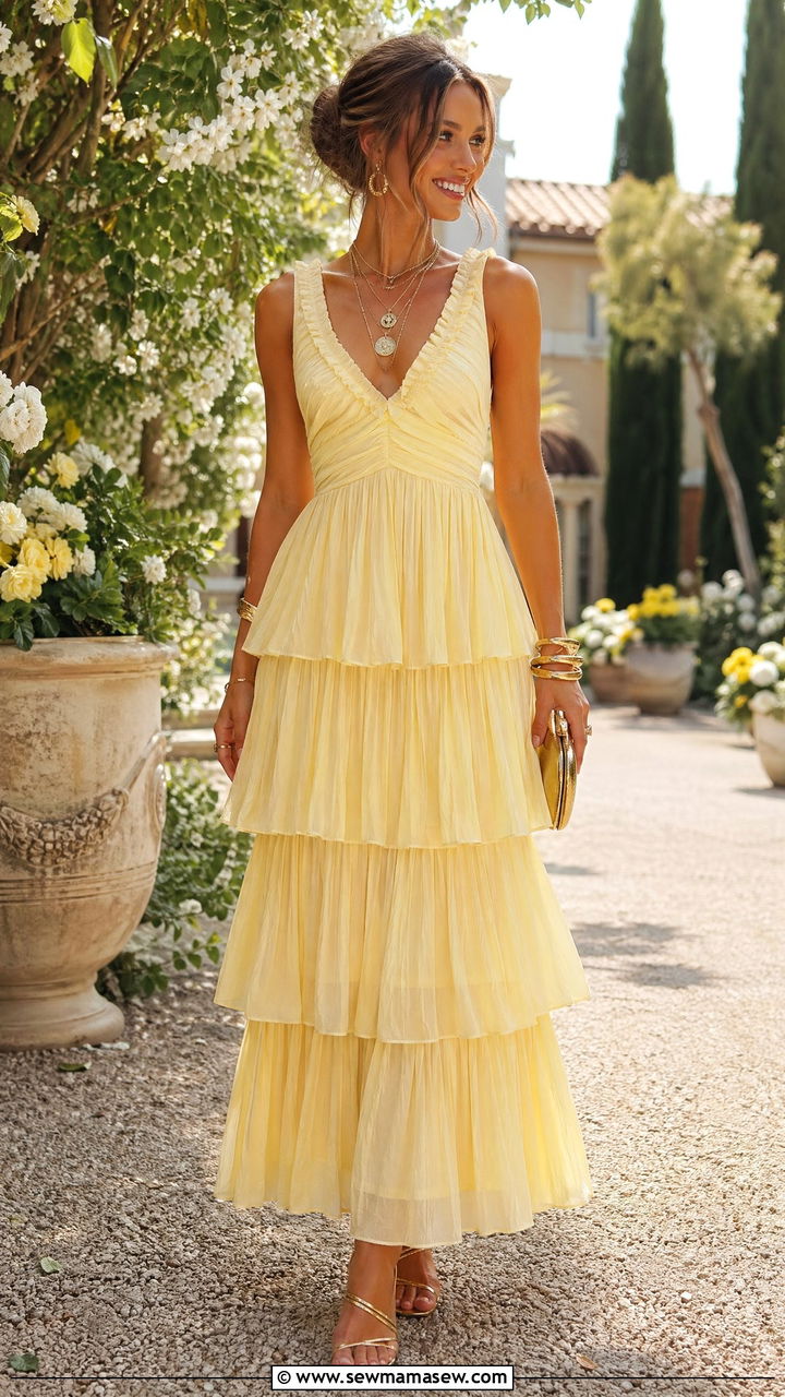 Butter Yellow Tiered Maxi Dress With Gold Accents - 35 summer butter yellow outfit ideas