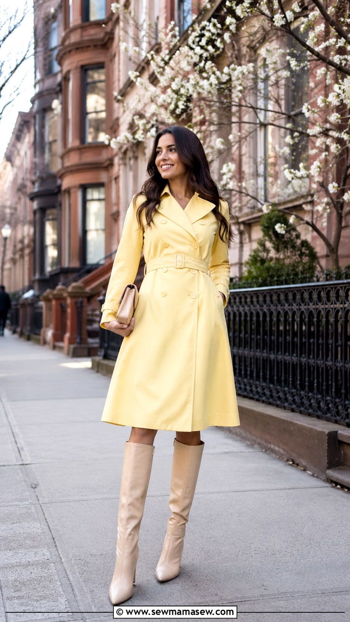 Butter Yellow Trench Dress With Knee Boots - 40 All butter yellow outfit ideas