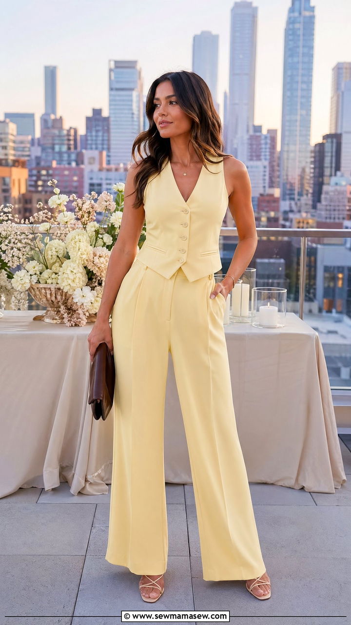 Butter Yellow Vest Top with Matching Wide Leg Pants - 35 Spring butter yellow outfit ideas