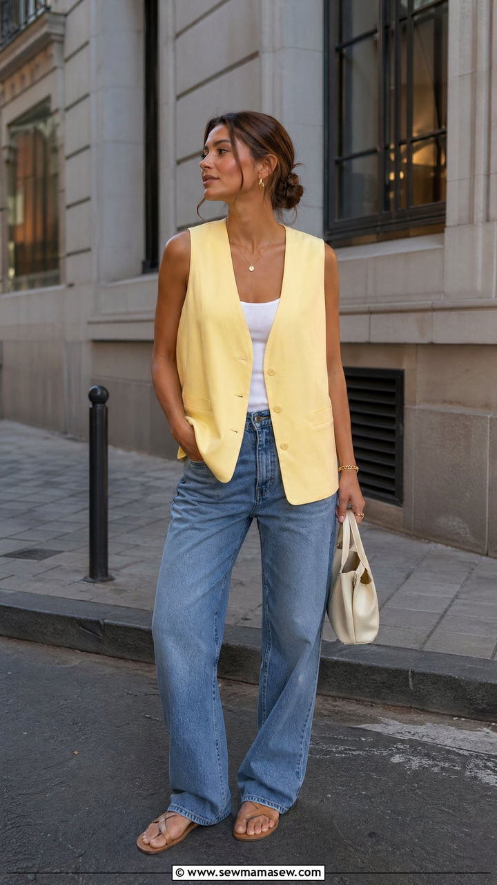 Butter Yellow Vest With Relaxed Jeans - 35 summer butter yellow outfit ideas