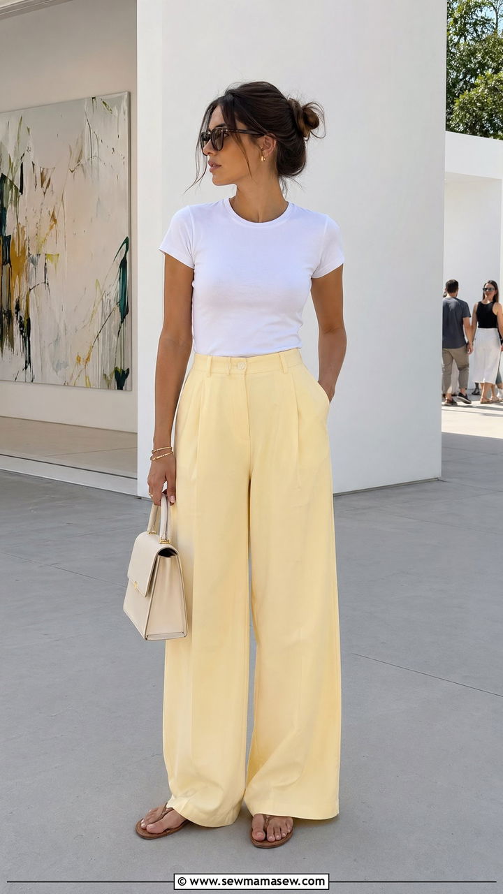 Butter Yellow Wide Leg Pants With Fitted Tee - 35 summer butter yellow outfit ideas