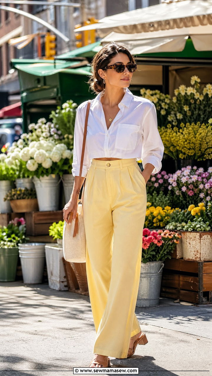 Butter Yellow Wide Leg Trousers with Cropped White Button Down - 35 Spring butter yellow outfit ideas