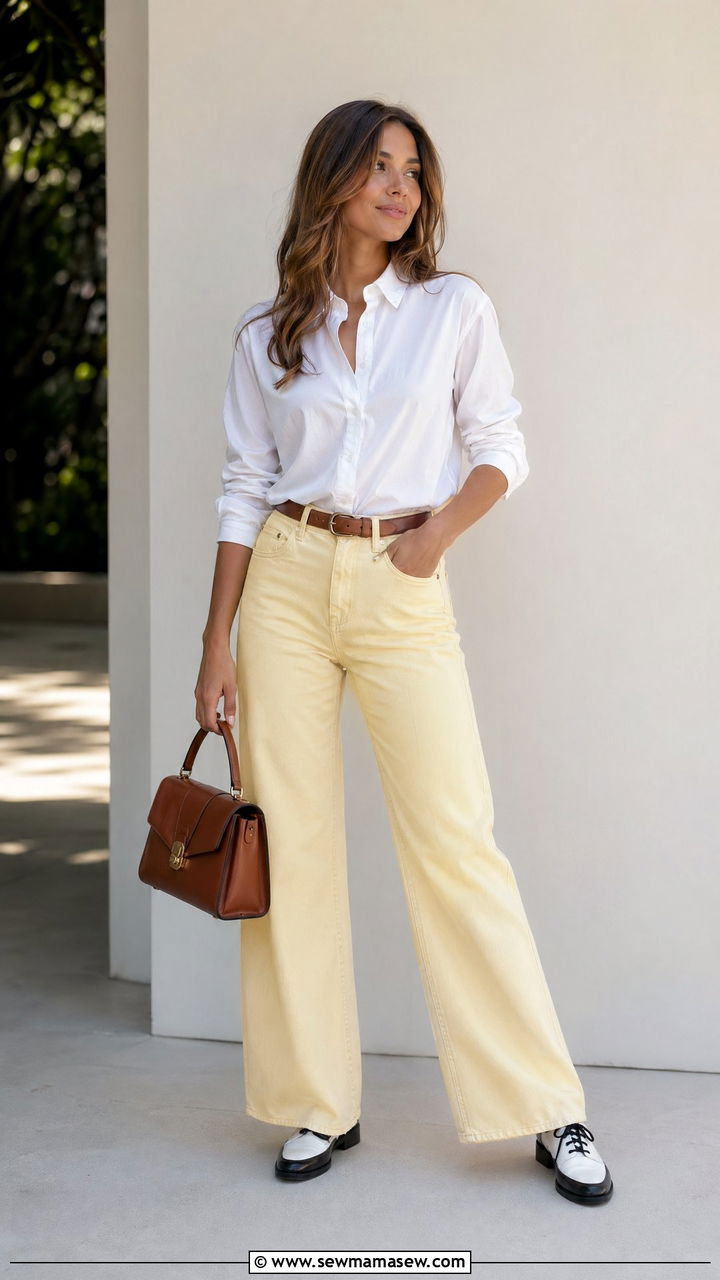 Butter yellow jeans with a white button down and two tone derby shoes - 35 Spring outfit ideas 2026