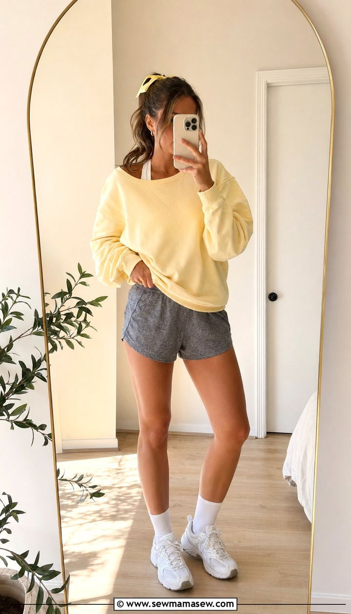 Butter yellow sweatshirt and gray shorts - 35 Running outfit ideas 2026