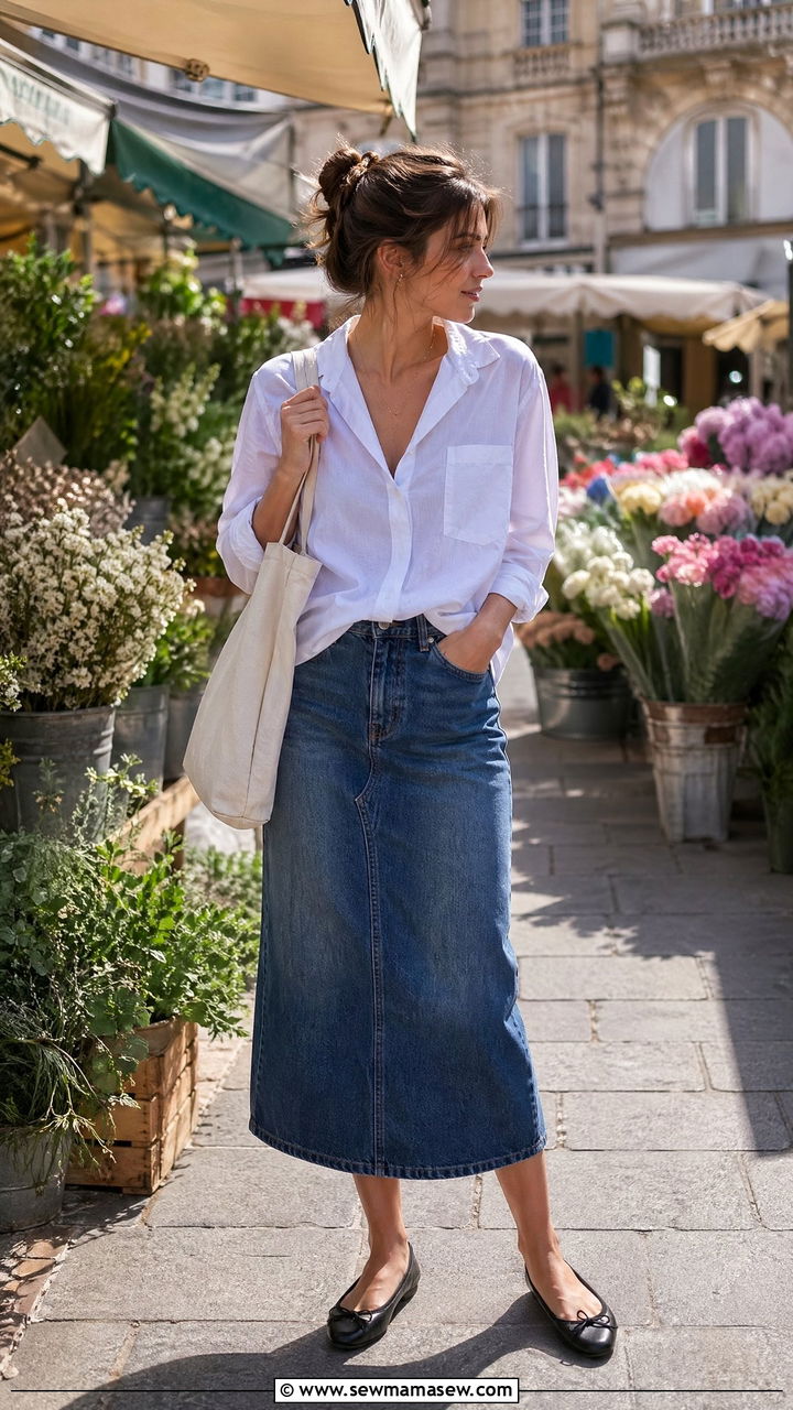 Button Down Blouse With Denim Skirt and Ballet Flats - 35 spring french girl outfit ideas