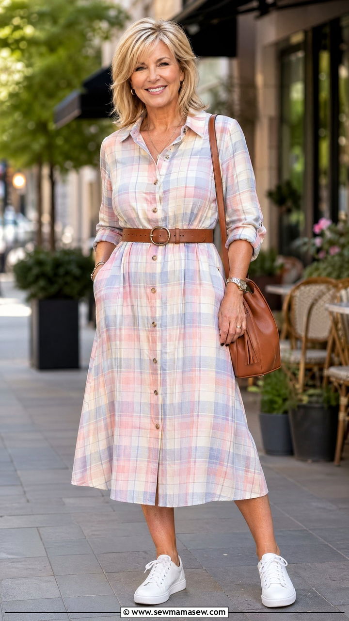 Button Down Dress with White Sneakers - 35 Spring outfits for women over 50