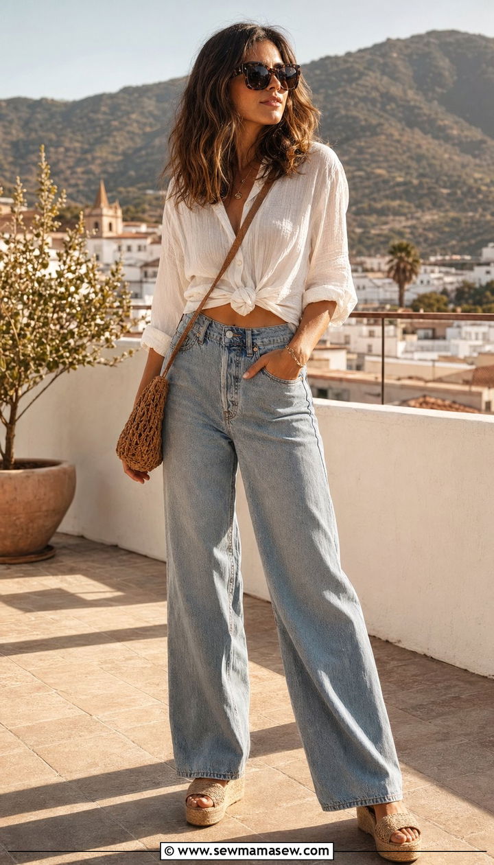 Button Down Knotted at the Waist with High Rise Baggy Jeans and Wedges - 30 Baggy jeans outfit ideas with a button down