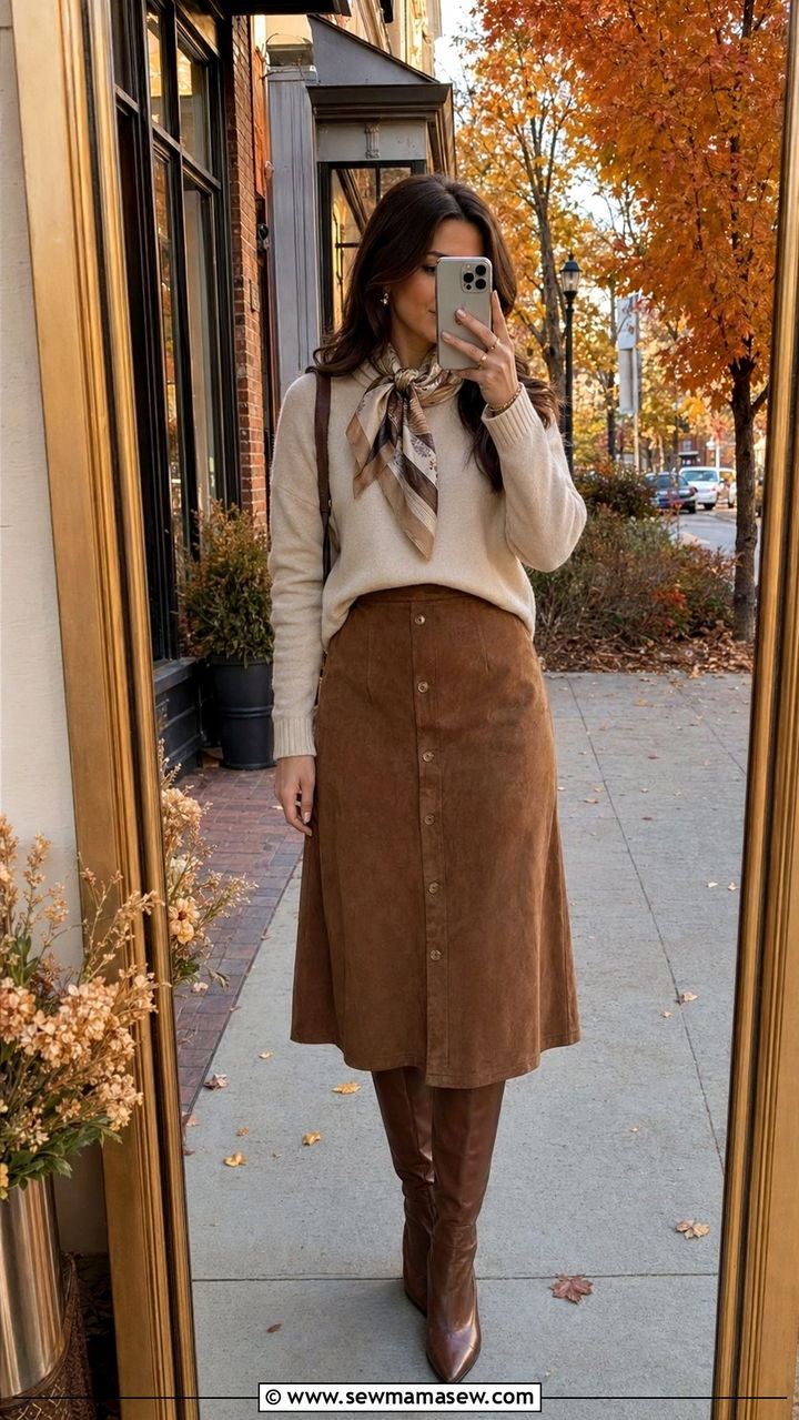 Button Down Midi Skirt And Cashmere Sweater - 35 Modest outfit ideas for wedding guest
