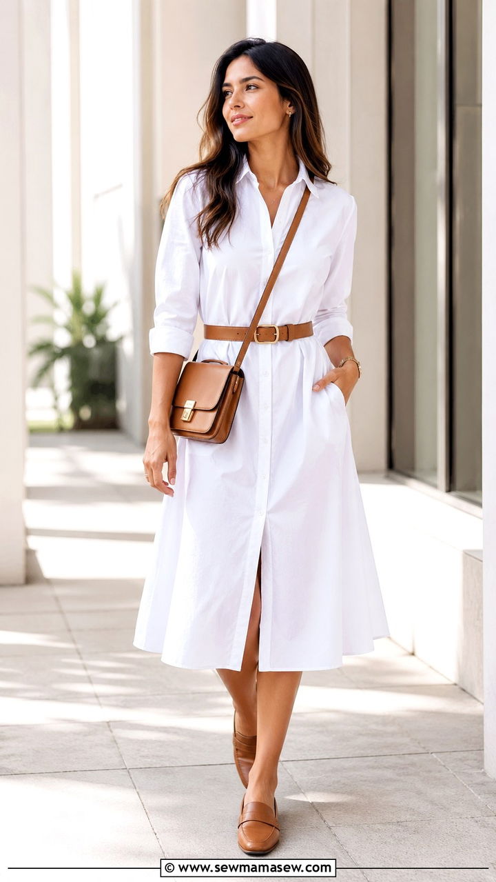 Button Down Shirt Dress With A Leather Belt And Loafers - 35 Elevated work outfit ideas