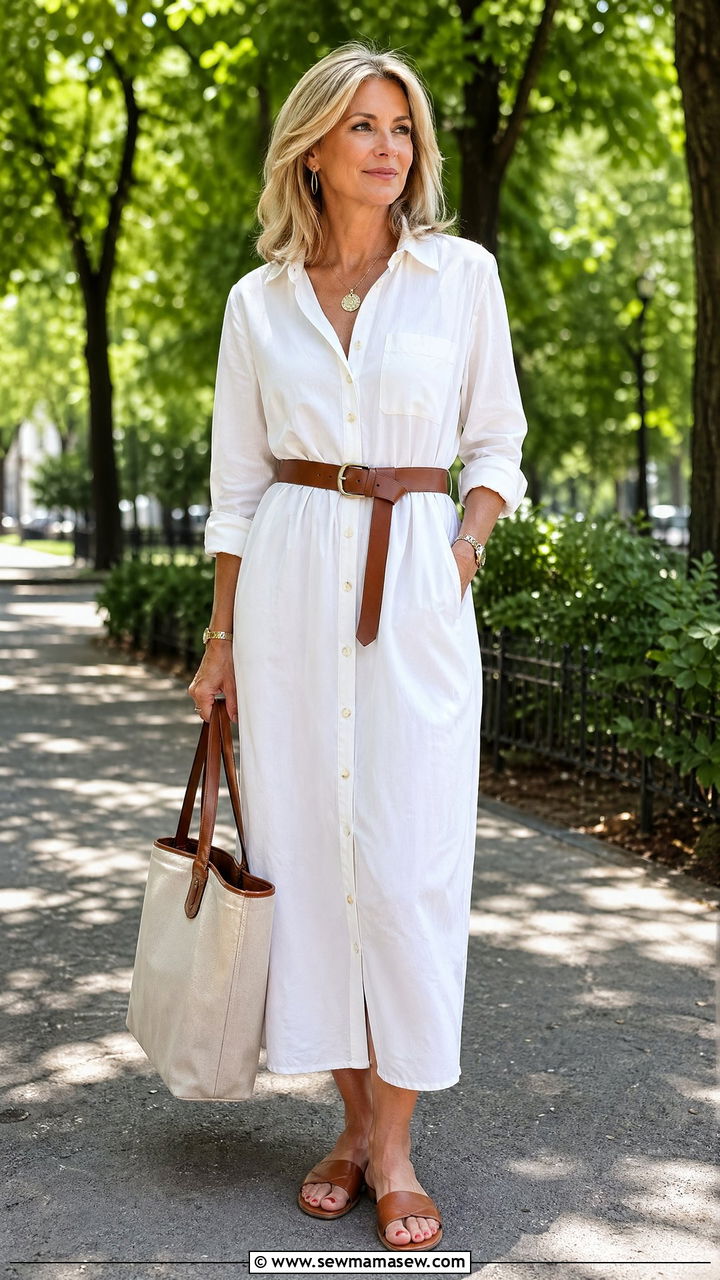 Button Down Shirt Dress With Sandals - 35 Chic outfit ideas for women over 40