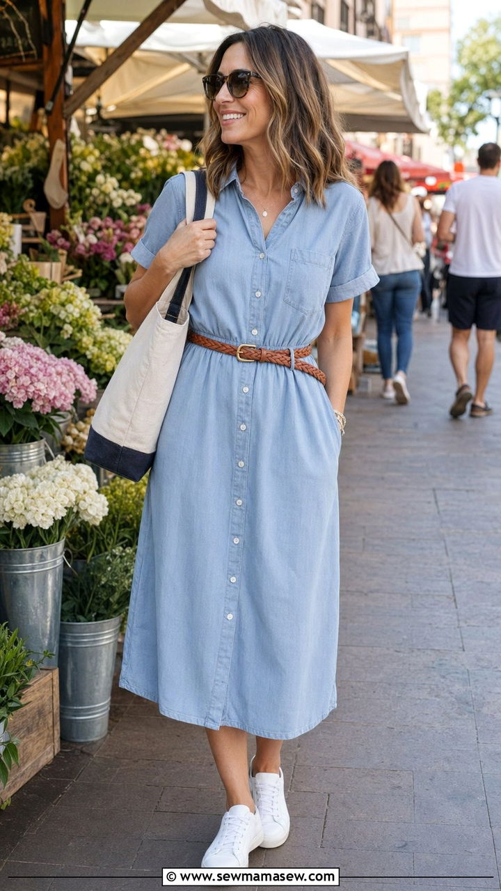 Button Down Shirt Dress With White Sneakers - 35 Modest outfit ideas for moms