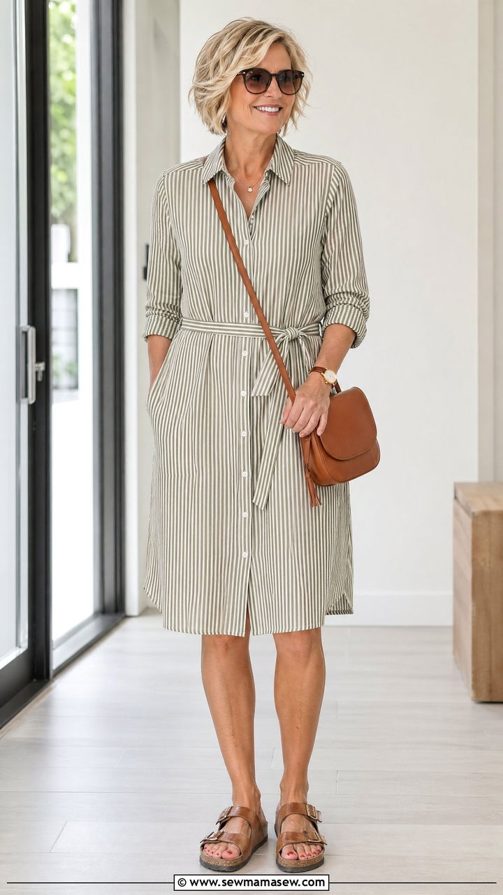 Button Down Shirt Dress and Cork Sandals Outfit - 35 Summer capsule wardrobe for women over 50