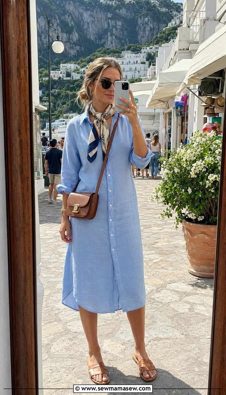 Button Down Shirt Dress and Flat Sandals for Capri - 30 What to wear in Capri