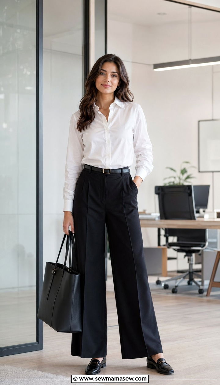 Button Down Shirt With Black Palazzo Pants and Loafers - 35 palazzo pants outfit ideas for women