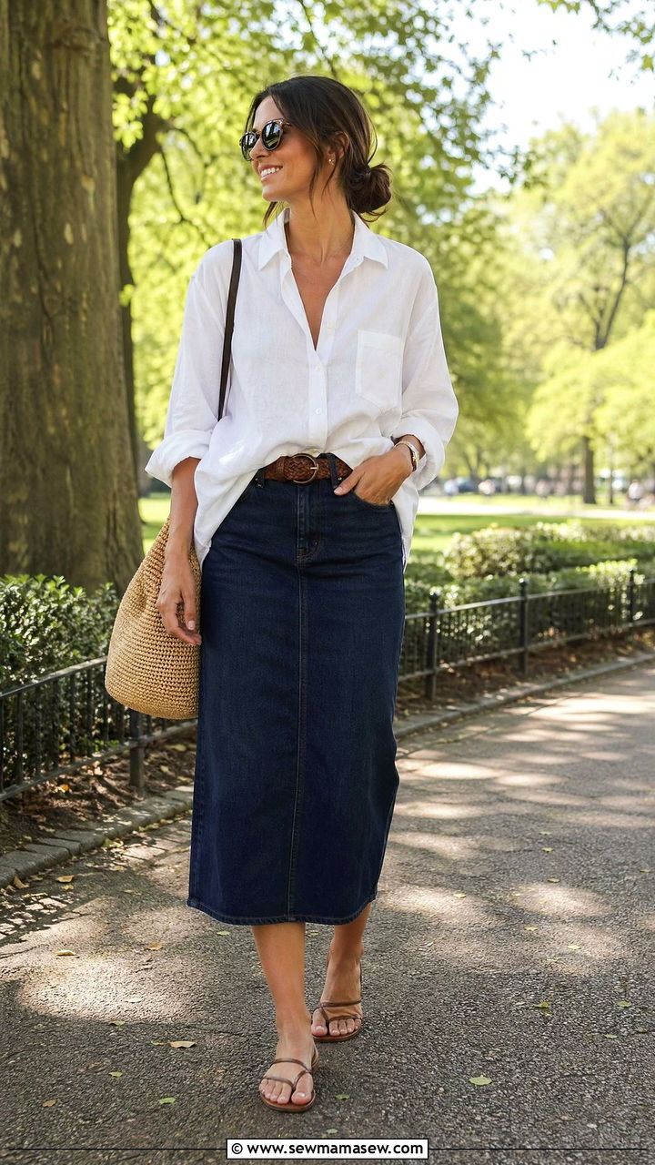 Button Down Shirt With Denim Skirt And Minimal Sandals - 35 spring quiet luxury outfit ideas