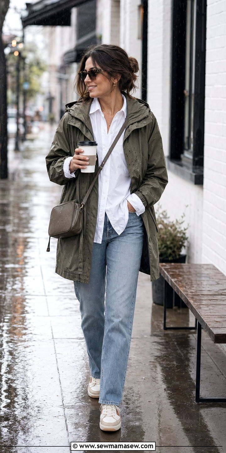 Button Down Shirt With Lightweight Coat Outfit - 35 Rainy spring outfits