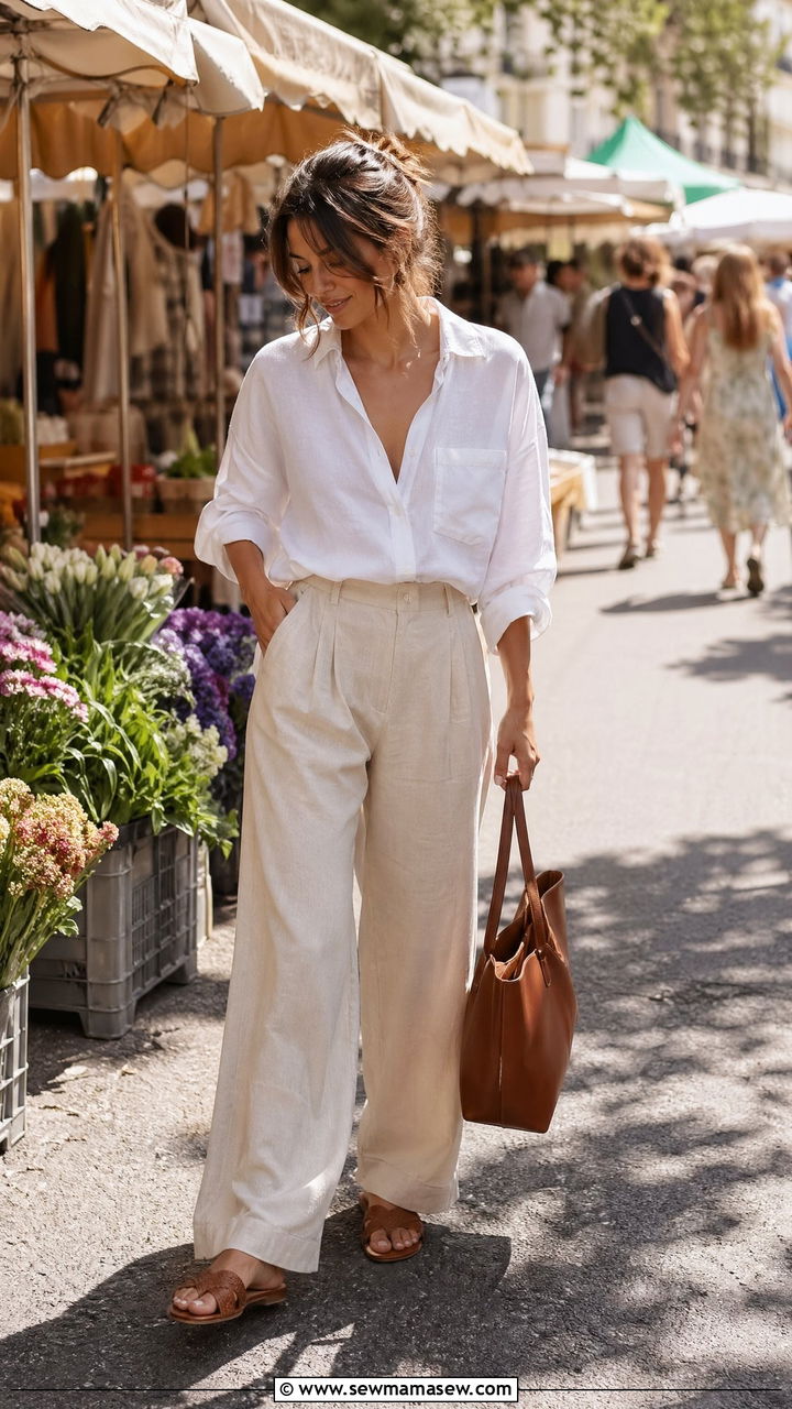 Button Down Shirt With Linen Trousers And Woven Sandals - 35 spring french girl outfits