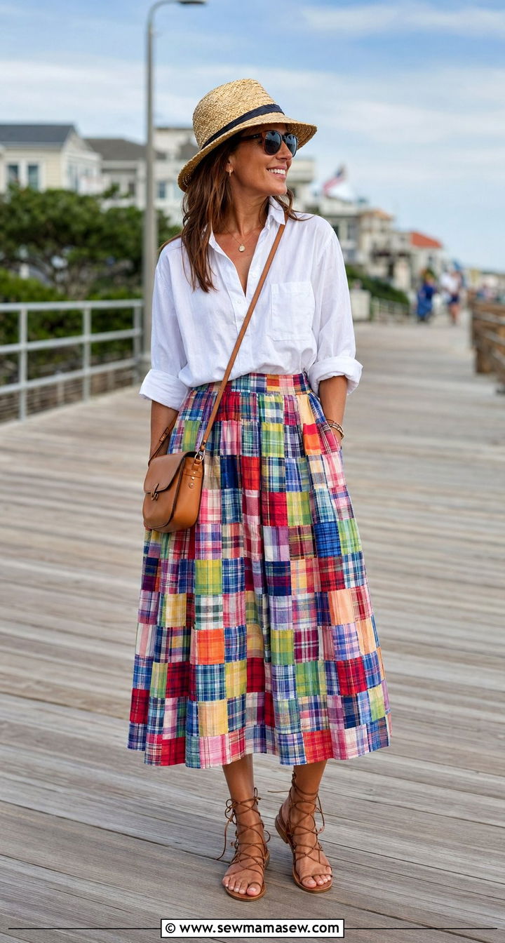 Button Down Shirt With Madras Skirt - 35 Preppy vacation outfits