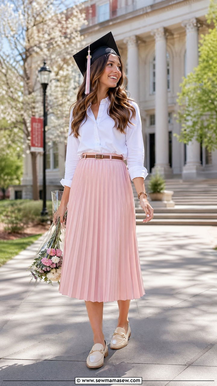 Button Down Shirt With Pleated Midi Skirt - 35 summer graduation outfit ideas