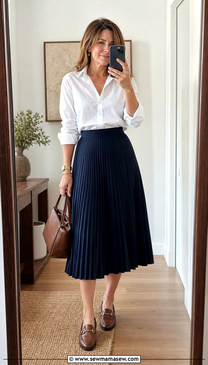 Button Down Shirt With Pleated Midi Skirt Outfit - 35 Modest outfits for women over 40