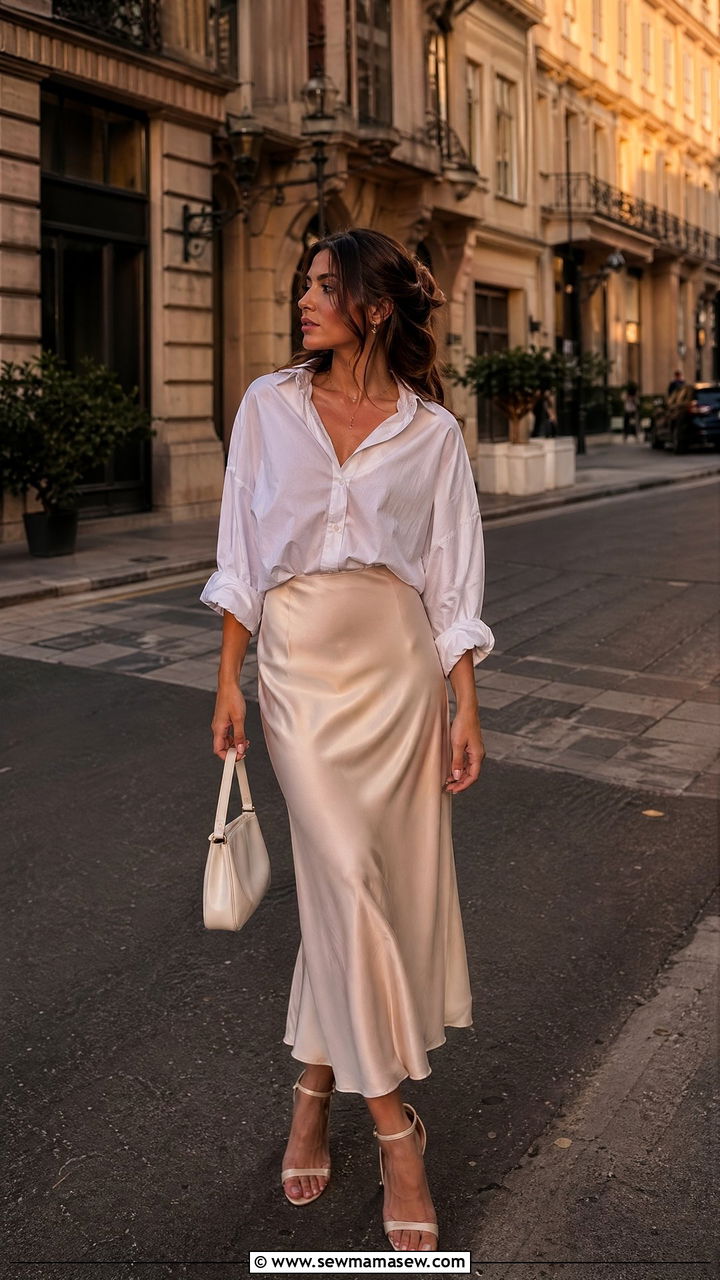 Button Down Shirt With Satin Midi Skirt - 35 spring soft girl outfit ideas