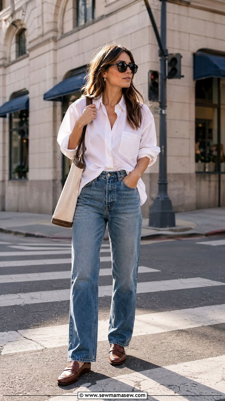 Button Down Shirt With Straight Leg Jeans and Loafers - 35 casual outfits ideas