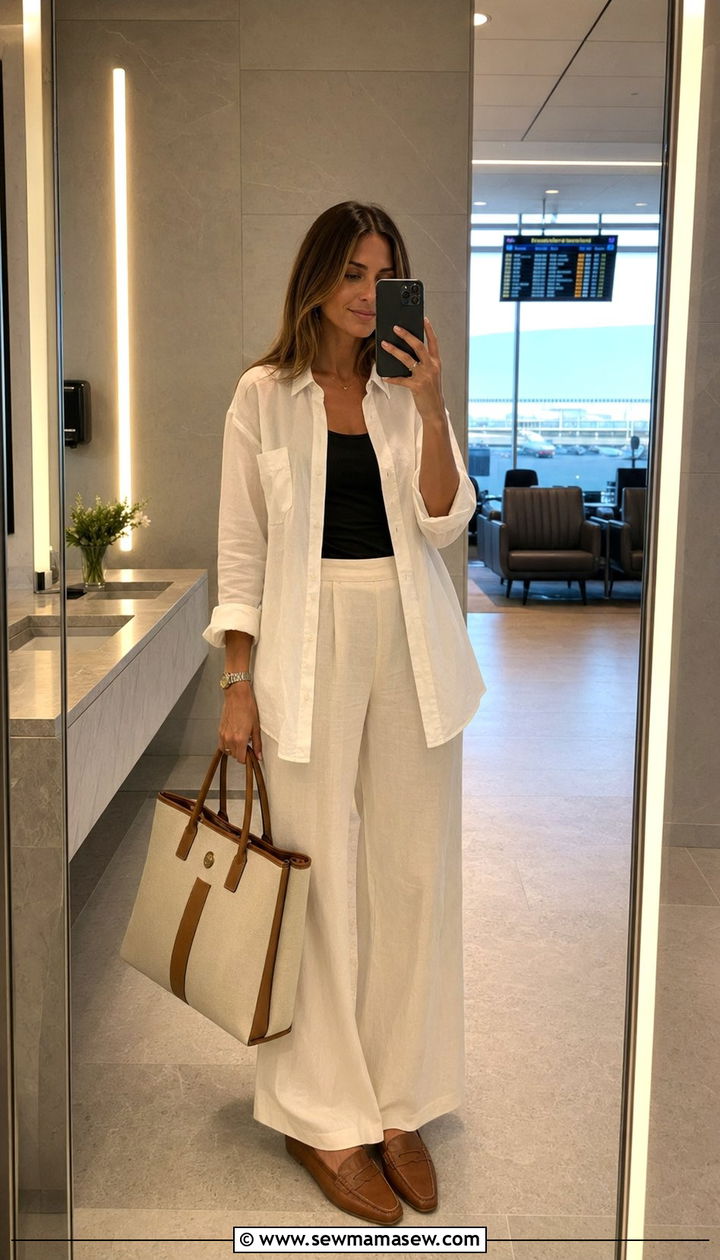 Button Down Shirt With Wide Leg Pants And Loafers - 30 Airport outfits for international flights