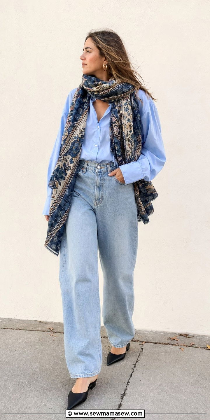 Button Down Shirt With an Oversized Scarf and Baggy Jeans - 30 50 degree weather outfits