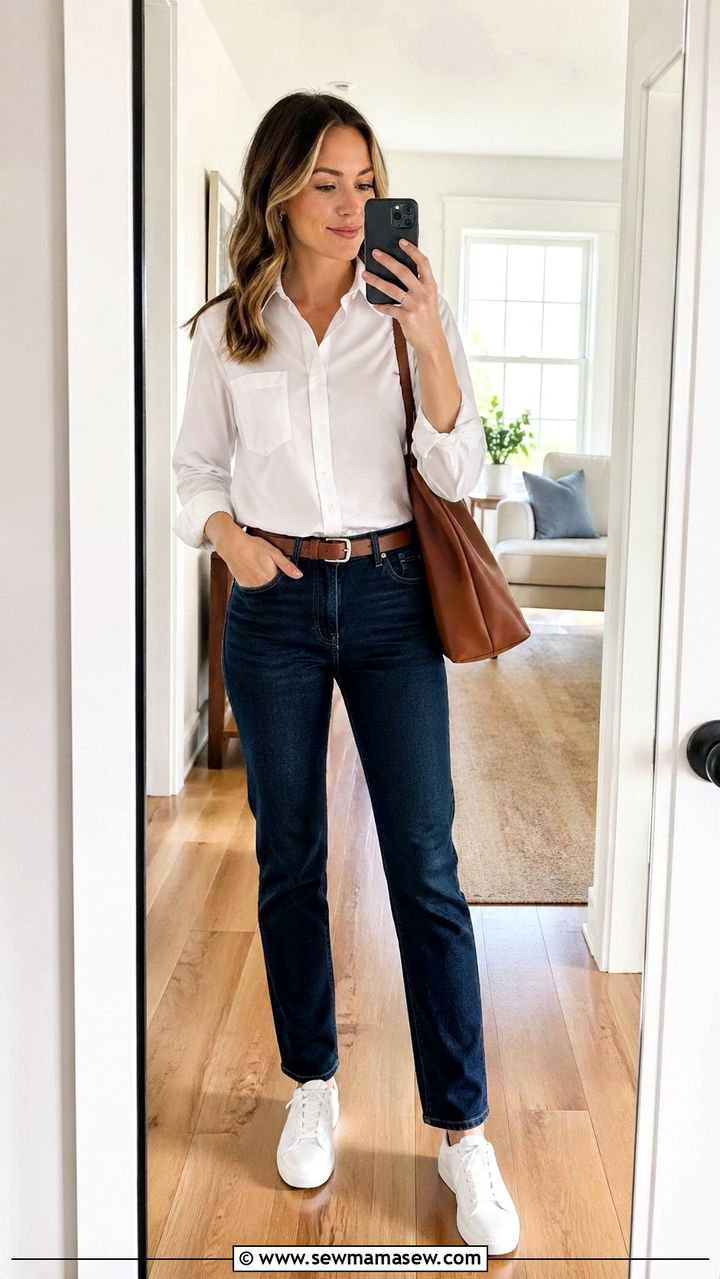 Button Down Shirt and Dark Jeans Outfit - 30 Social worker outfit ideas