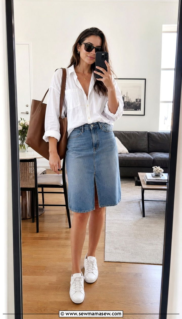 Button Down Shirt and Denim Skirt - 35 New York summer outfit ideas