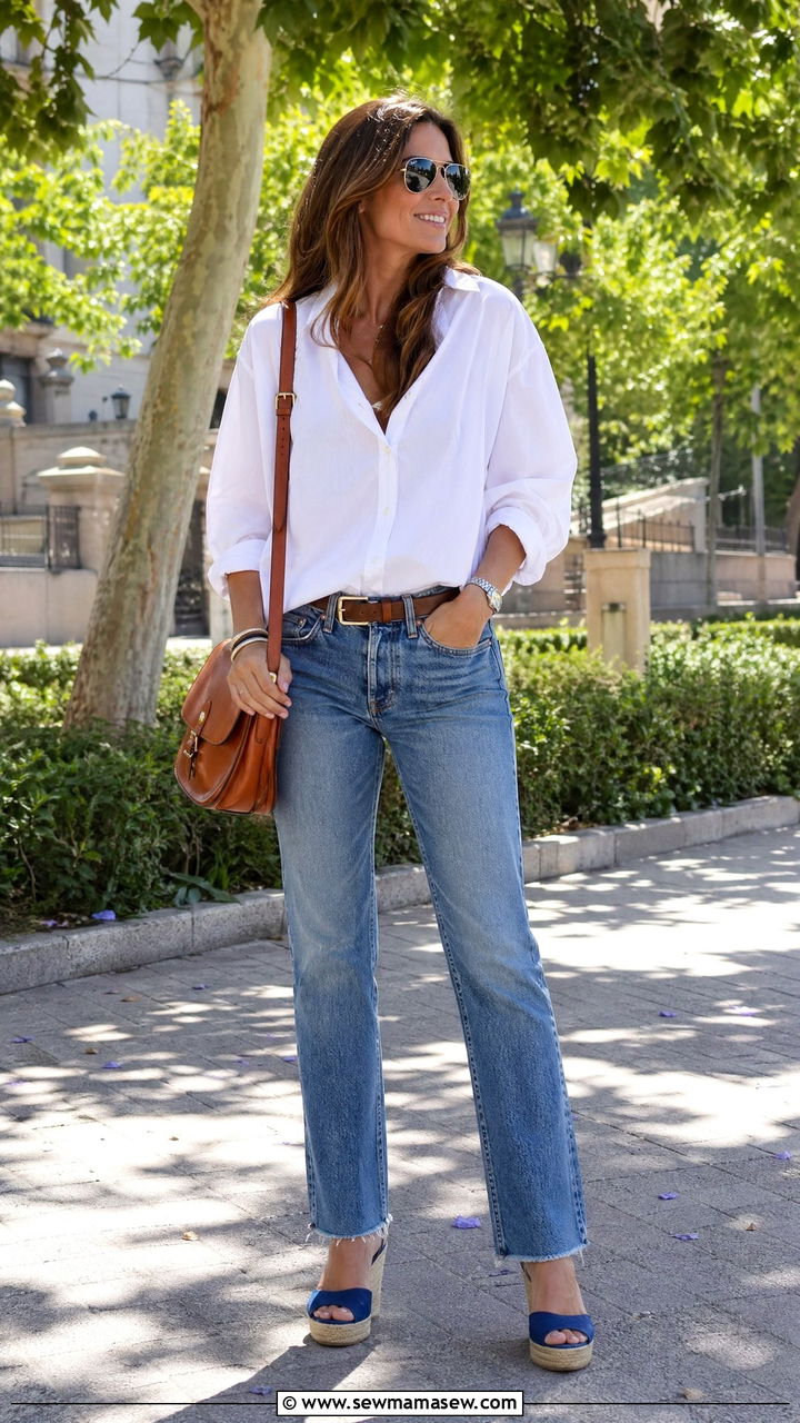 Button Down Shirt and Jeans With Wedges - 35 Summer outfits with wedges