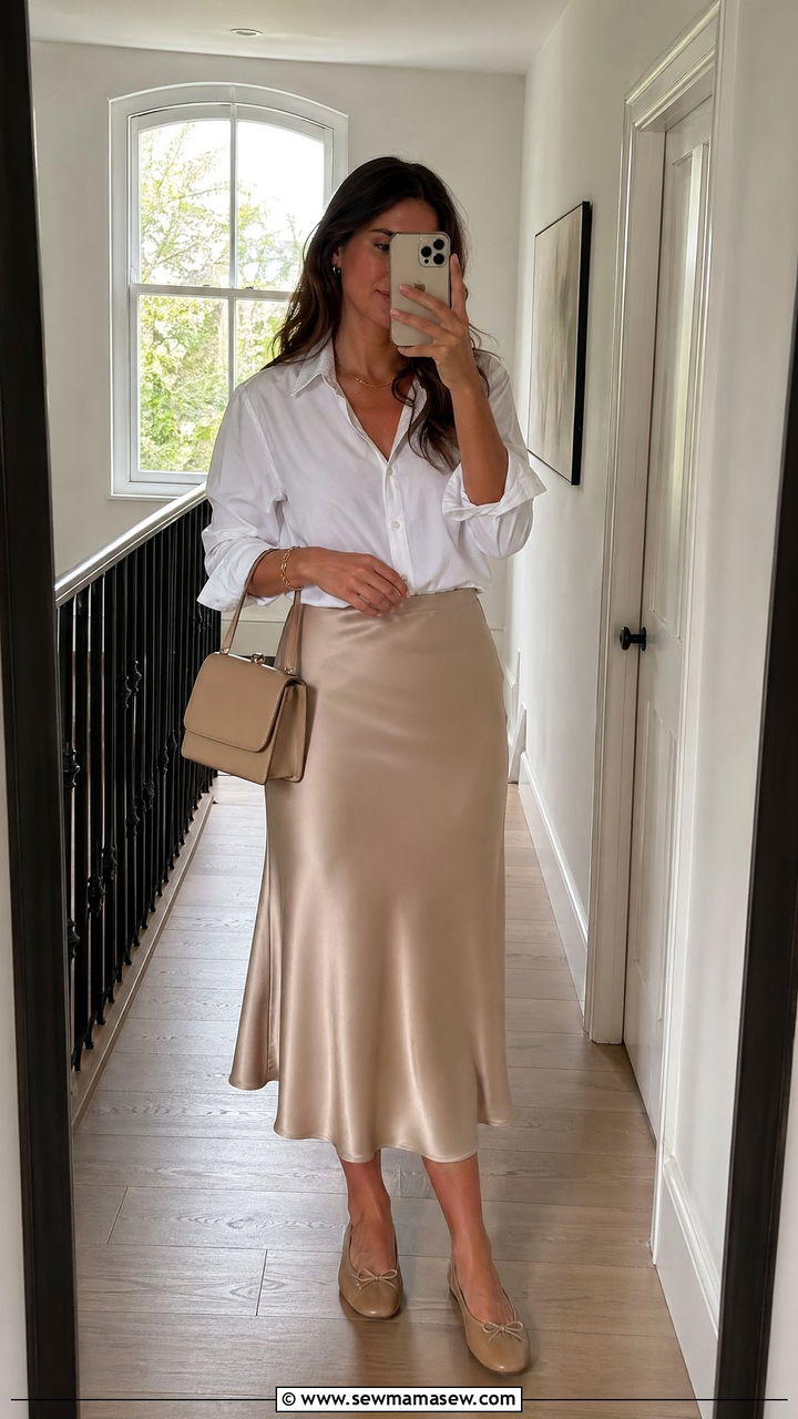 Button Down Shirt and Satin Midi Skirt Scandi Summer Outfit - 35 summer scandinavian outfit ideas