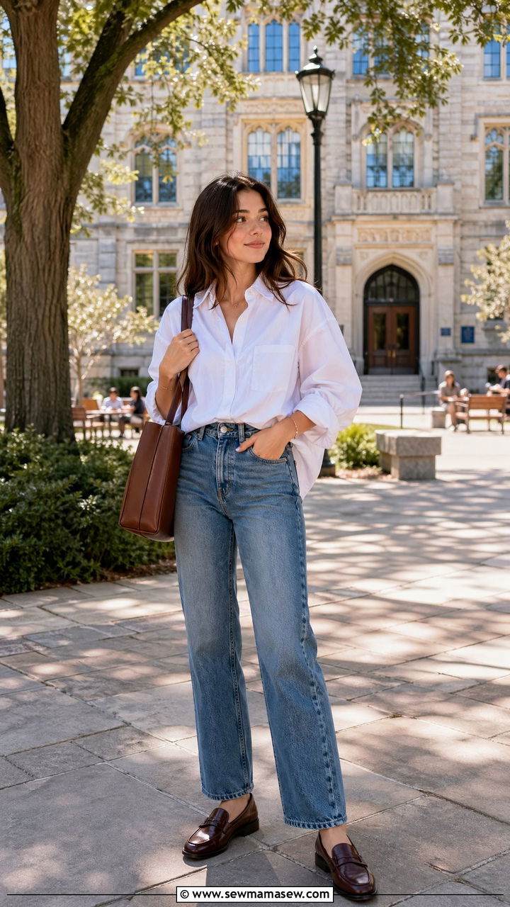 Button Down Shirt and Straight Leg Jeans with Loafers - 35 Cute college outfit ideas