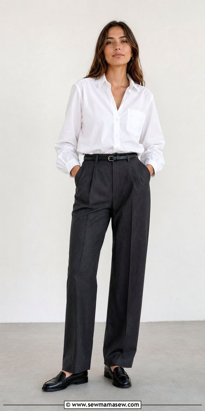 Button Down Shirt with High Waisted Pants and Loafers - 30 windy day outfits for women