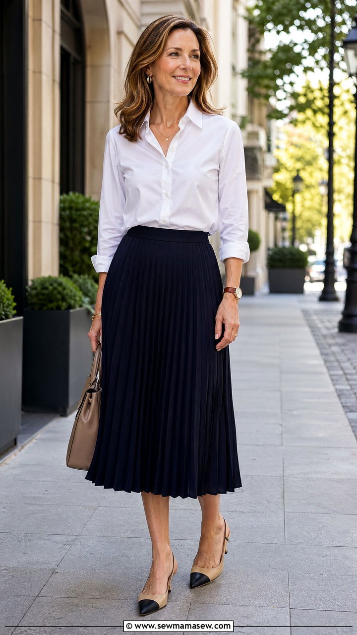 Button Down Shirt with Pleated Midi Skirt - 35 Work outfits for women over 40