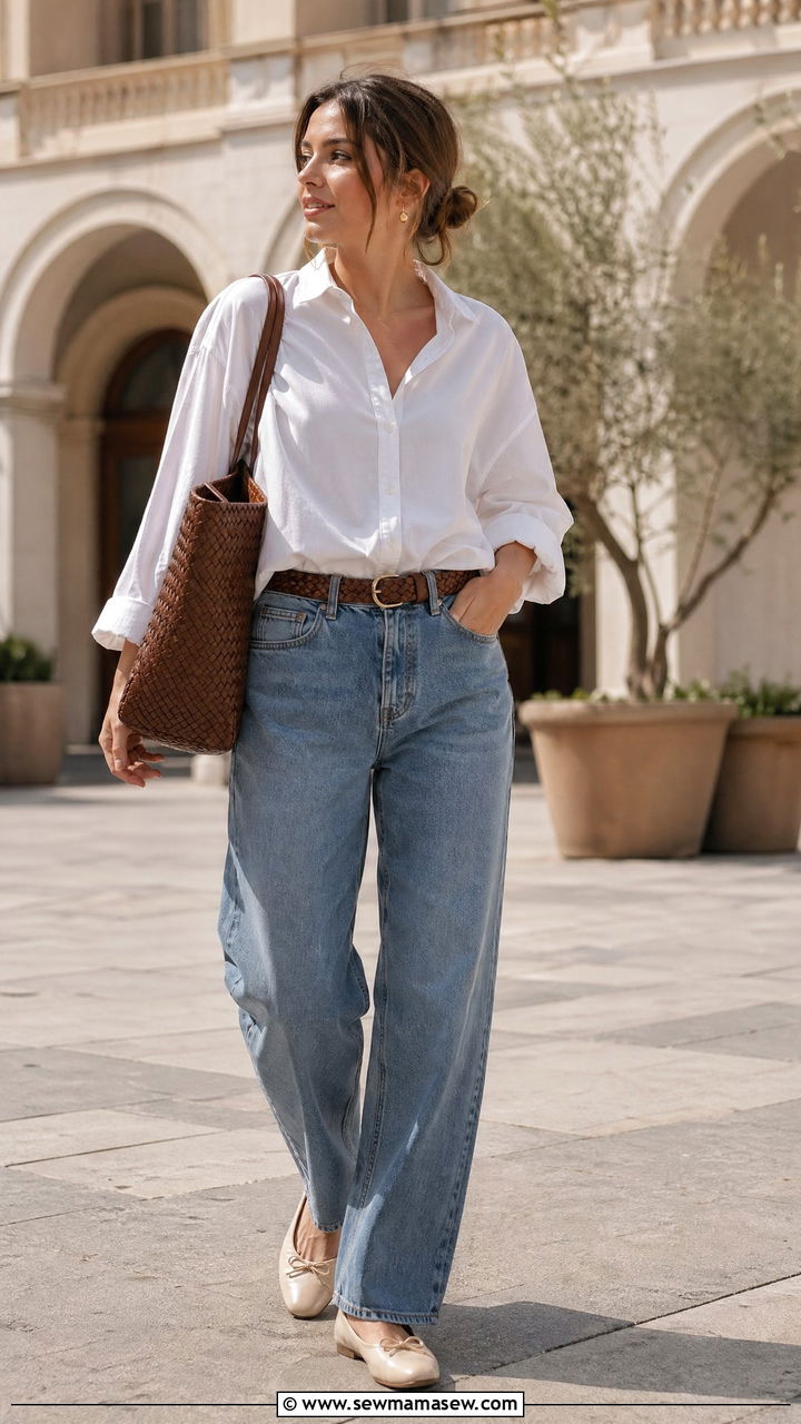 Button Down Shirt with Relaxed Jeans and Ballet Flats - 35 transitional outfits casual