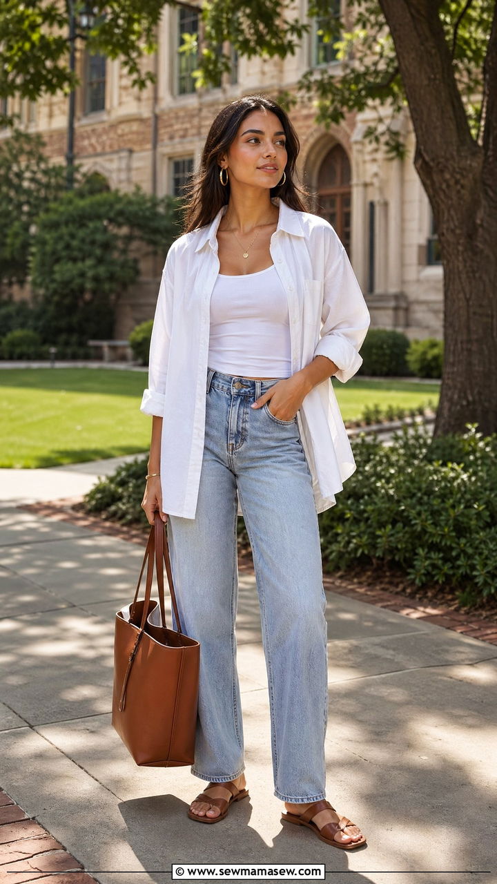 Button Down Shirt with Straight Leg Jeans Outfit - 35 Summer outfits for college girls